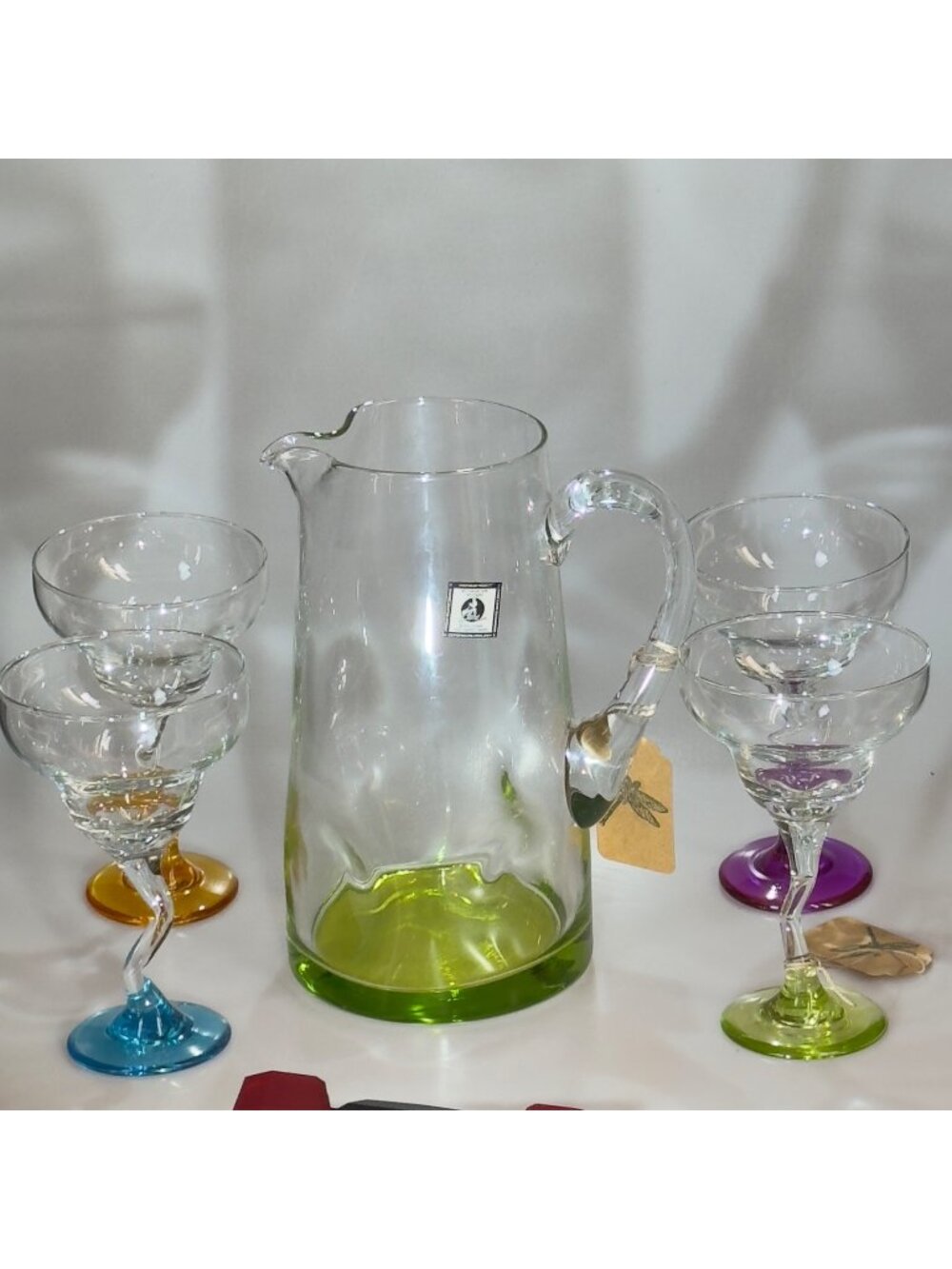 PartyLite Handmade Casa Glass Pitcher & Margarita Glass Set With Colorful Bases